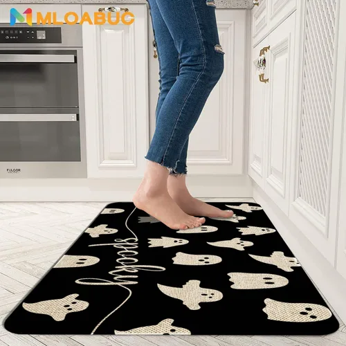 Vista 3 de Mloabuc® Happy Halloween - Juego de 2 tapetes de cocina, alfombra de cocina decorativa negra espeluznante con texto divertido, alfombra de piso