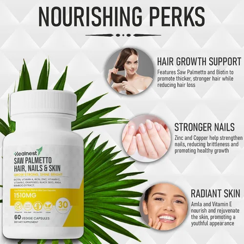 Vista 3 de Suplemento para el cuidado del cabello, las uñas y la piel con Saw Palmetto, biotina, Amla - 60 cápsulas vegetarianas sin OMG, sin gluten