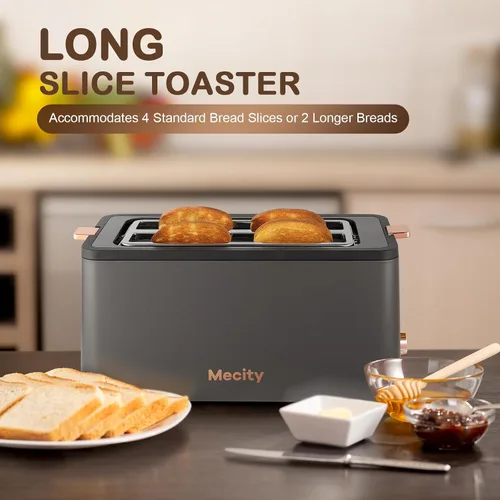 Vista 2 de Mecity Tostadora de 4 rebanadas, tostadora de ranura larga con estante de calentamiento, temporizador, bagel, descongelación, funciones
