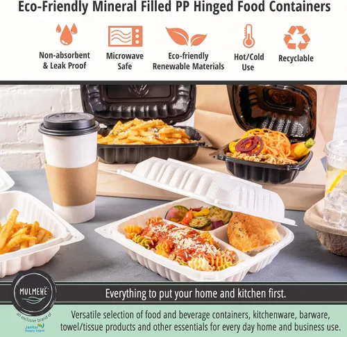 Vista 5 de MULMEHË Recipientes de comida para llevar con bisagras de plástico de polipropileno relleno mineral ecológico, 6 x 6 x 3, compartimento único