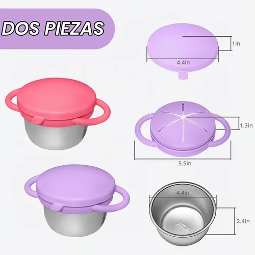 Vista 6 de 2 Pack de contenedores de aperitivos para bebé de acero inoxidable para niños con tapas y asas de silicona a prueba de derrames de grado alimenticio