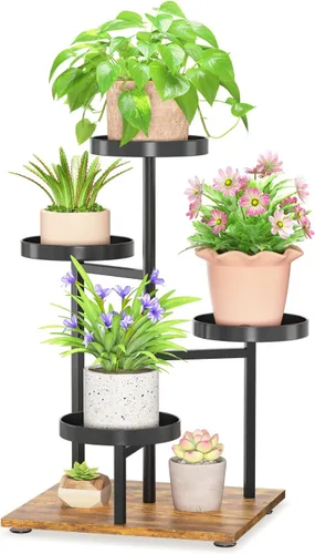 Vista 9 de LASZOLA Soporte para plantas de 5 niveles alto de madera y metal para interiores para macetas de servicio pesado, estante vertical grande