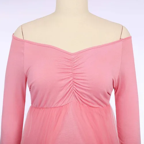 Vista 4 de Vestido largo de maternidad de manga larga con hombros descubiertos para mujer, vestido de tul para boda, sesión de fotos, baby shower
