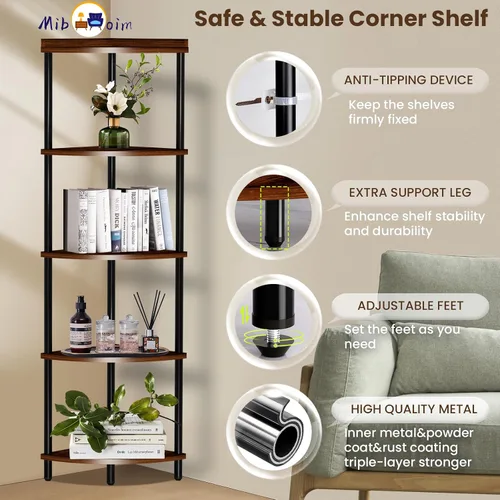 Vista 4 de Estante esquinero de madera de 5 niveles: estantería de esquina alta para sala de estar/dormitorio/baño/cocina/oficina en casa, estantes esquineros