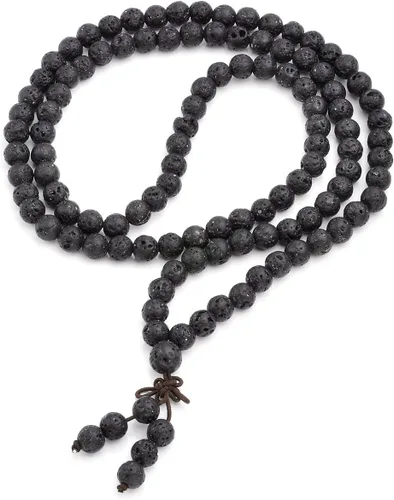 Vista 4 de Jovivi Pulsera de 6 mm y 8 mm con cuentas de piedra de lava natural, 108 cuentas de oración budista tibetana, collar y pulsera mala