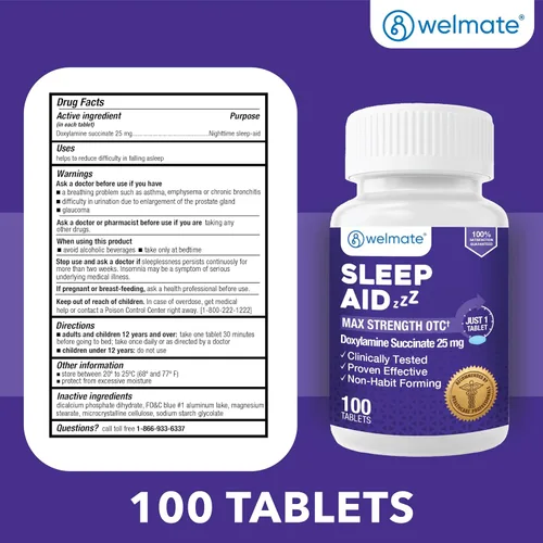 Vista 5 de WELMATE - Ayuda para dormir nocturno - Succinato de doxilamina 25 mg - para adultos y niños mayores de 12 años - 100 tabletas