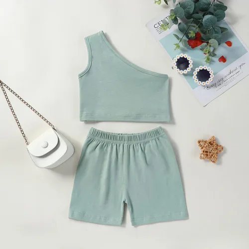 Vista 2 de Conjunto de 2 piezas de camiseta sin mangas de color sólido para niñas pequeñas, conjunto de 2 piezas, traje casual de verano