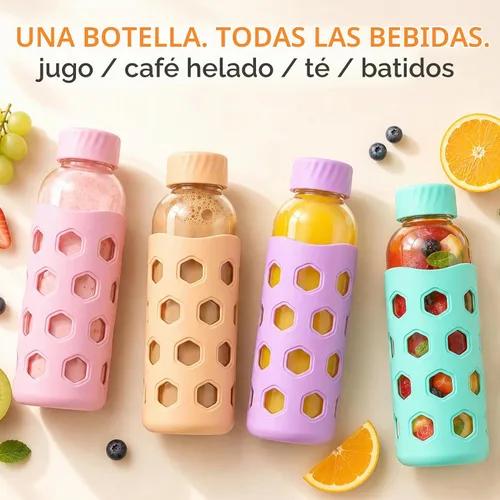 Vista 5 de [Usado] Sursip 16 oz Glass Juice Bottles with Lids, 6 Pack Dark Gray / Pink / Apricot / Purple / Mint Green / Blue