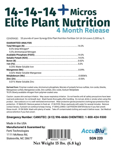 Vista 3 de 14-14-14 Plant Fertllizer Elite Nutrition - 15 libras de liberación lenta 120 días - Agregado en micros - Fertilizante ornamental y de paisaje