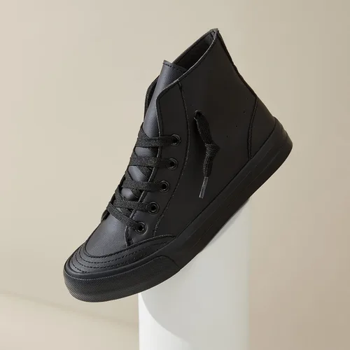 Vista 9 de Moudki Tenis altos de piel sintética para mujer, zapatos altos casuales en blanco y negro, zapatos deportivos de moda para mujer con cordones