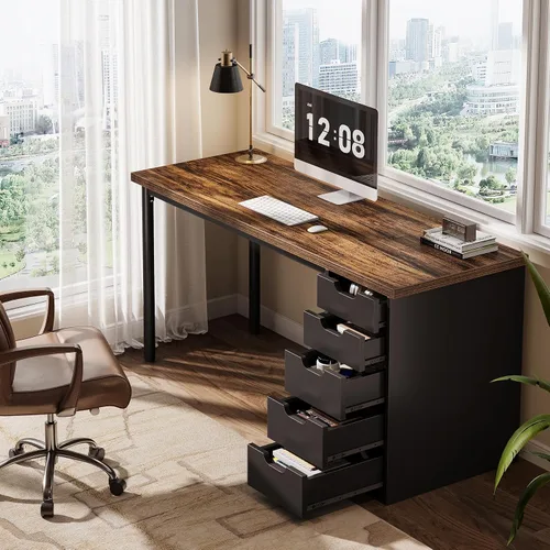Vista 8 de Tribesigns Escritorio moderno y simple para computadora, escritorio de PC de 47 pulgadas con 5 cajones reversibles, mesa de estudio marrón rústico