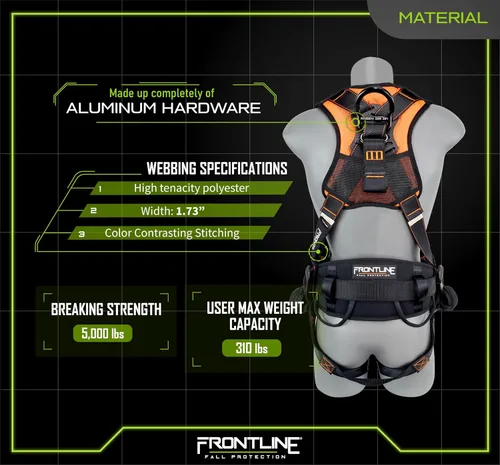 Vista 4 de FRONTLINE FALL PROTECTION Arneses + Anillo en D + Múltiples Estilos + Cumple con OSHA y ANSI