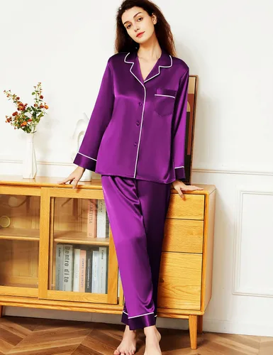 Vista 2 de Conjunto de pijama de satén para mujer, camisa de manga larga con botones y pantalón largo
