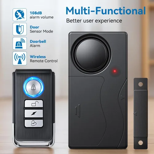 Vista 7 de Alarma de puerta con control remoto, timbres de puerta cuando se abre la puerta, alarmas de ventana de 110dB para seguridad del hogar, sensor