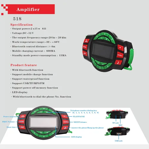 Vista 2 de XYC Amplificador Bluetooth de 12 V UTV ATV Sistema de sonido Altavoces manos libres FM Sistema de audio USB Estéreo de 3.5 pulgadas Altavoces de 12
