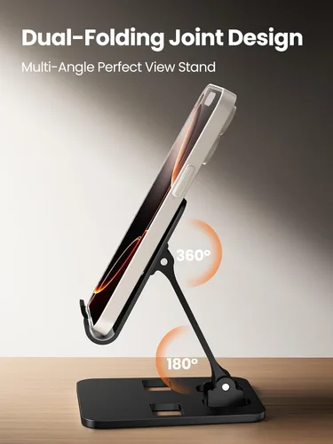 Vista 2 de Soporte de teléfono para escritorio, soporte plegable doble para teléfono celular, soporte portátil totalmente ajustable para iPhone 17, 16, 15, 14