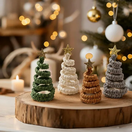 Vista 5 de 4 piezas de decoración de mesa para árbol de Navidad, árboles de Navidad de mesa con estrella con purpurina, centro de mesa de estilo rústico