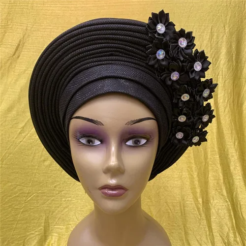 Vista 2 de Turbante africano nigeriano musulmán Headwear Gele Head Wrap Auto Gele Headties Ya Hecho Diadema de mujer para fiesta