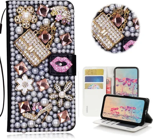 Vista 11 de Bling Wallet - Funda de piel compatible con iPhone 11, elegante, hecha a mano en 3D, diseño de mariposa, rosas, flores y diamantes de imitación