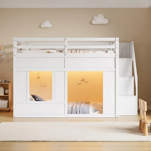 Vista 34 de Playhouse Wood Twin Size Loft Bed with Storage Staircase, Desk, Shelves