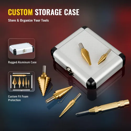 Vista 6 de ZELCAN HSS - Juego de 5 brocas escalonadas de titanio con punzón central automático para chapa metálica con caja de aluminio, 50 tamaños en 5 brocas