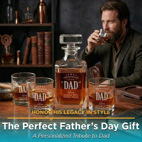 Vista 2 de Juego de decantador de whisky personalizado con vasos para papá, juegos de decantadores de bourbon personalizados, 4 diseños, vasos de whisky