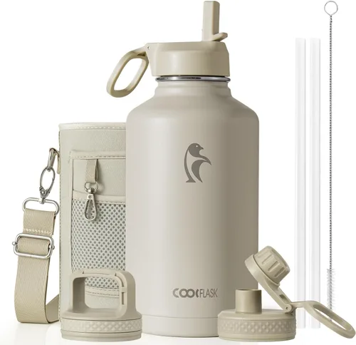 Vista 90 de Coolflask Botella de agua de 20 onzas aislada con pajilla, 3 tapas de metal de acero inoxidable, botella de agua de boca ancha para deportes u