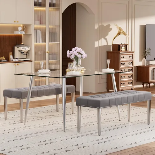 Vista 52 de Baysitone Juego de mesa de comedor de cristal de 51 pulgadas para 4, juego de 5 piezas de comedor moderno, mesa de cocina rectangular de vidrio