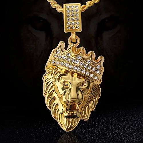 Vista 2 de Hip Hop Jewelry - Colgante de cabeza de león con corona de oro, diamantes de imitación transparentes, juego de puntas de diamantes, cadena cubana