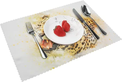 Vista 9 de Rectangular Placemats Set of 4, Heat Resistant Big Leopard Printed Kitchen Dining Table Mats