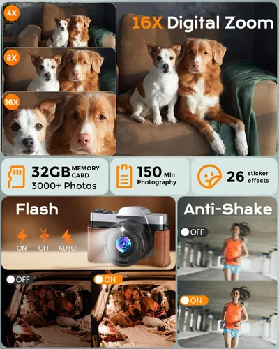 Vista 7 de Cámara digital 4K para enfoque automático de fotografía, cámara de vlogging WiFi de 64MP para YouTube con pantalla abatible de 180° de 3 pulgadas