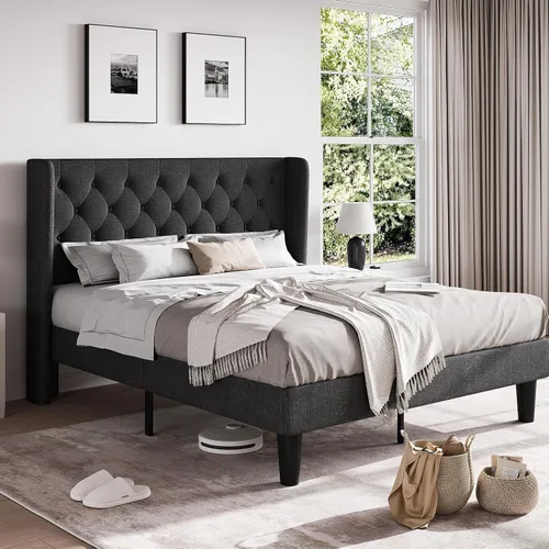 Vista 3 de HOOMIC Base de cama clásica de tamaño matrimonial con cabecera copetuda con botones en la parte trasera, plataforma tapizada con fuerte soporte