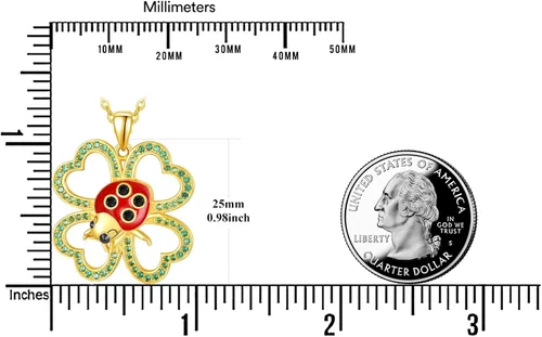 Vista 3 de TANGPOET Collar de plata de ley con trébol chapado en oro, joyería de mariquita milagrosa con colgante de cristal de esmeralda de cuatro hojas