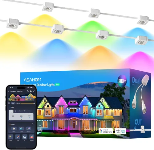 Vista 12 de ASAHOM Luces permanentes para exteriores Pro S108B, 100 pies con 72 luces LED RGBCW, WLED integrado, 70lm blanco, efecto dinámico 30000, iluminación