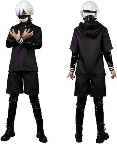 Vista 3 de Kaneki Ken - Disfraz de cosplay de uniforme de batalla, conjunto completo con máscara