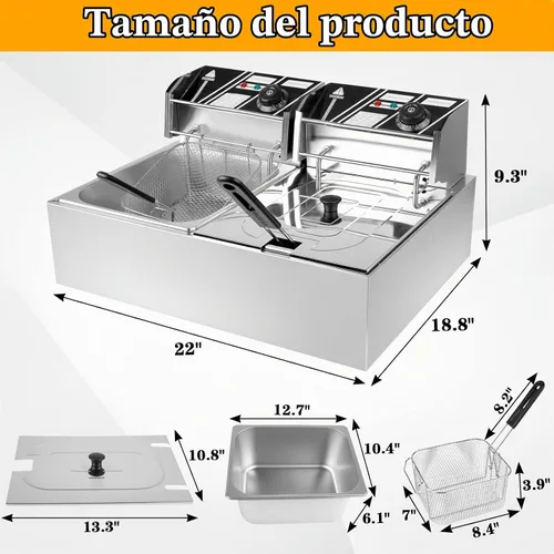 Vista 6 de Freidora eléctrica comercial, freidora de acero inoxidable de doble tanque de 12 litros con 2 cestas y tapas, freidora de restaurante de 5000 W