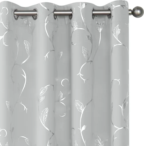 Vista 22 de BUHUA Juego de 2 paneles de cortinas opacas con estampado de vid plateada, cortinas con aislamiento térmico para oscurecer la habitación