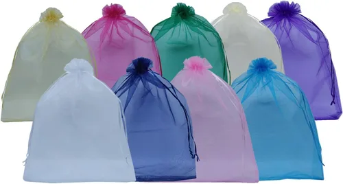 Vista 17 de Ankirol 100 bolsas de organza transparente de 8 x 12 bolsas grandes de organza con cordón (crema)