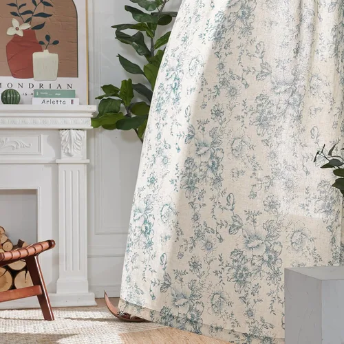 Vista 6 de Jinchan Cortinas de Mezcla de Lino con Estampado Floral para Sala de Estar, 84 Pulgadas de Largo, Cortinas con Bolsillo para Varilla y Tab Trasera
