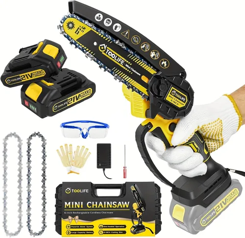 Vista 8 de TOOLIFE Mini motosierra inalámbrica de 6 pulgadas, motosierra con mango con 1 batería y sistema de engrasado automático, motosierra eléctrica