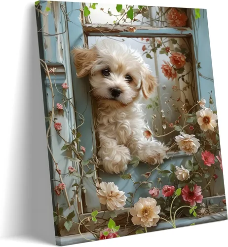 Vista 28 de Divertido arte de pared de tiburón montando chihuahua, impresión en lienzo enmarcada para baño de perro, decoración de pared de animales abstractos
