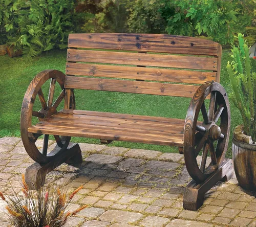 Vista 2 de Zingz & Thingz Rustic American Old West Outdoor Home & Garden - Banco de ruedas de madera para exteriores, 42.25 x 21 x 31 pulgadas, marrón