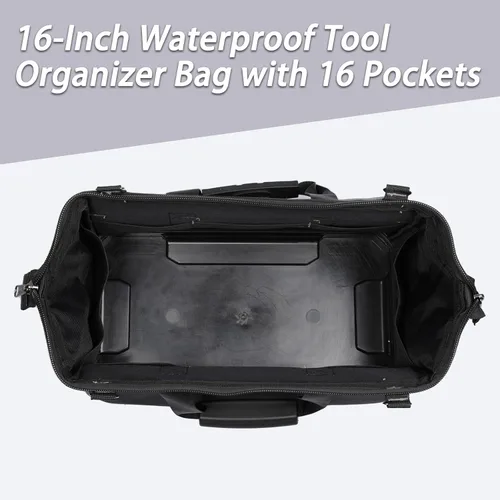 Vista 3 de Bolsa de herramientas resistente con 16 bolsillos, organizador de herramientas impermeable de 16 pulgadas con base reforzada, correa de hombro