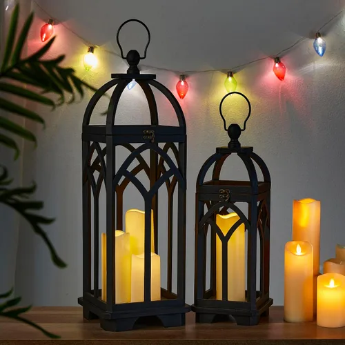 Vista 7 de Glitzhome Faroles decorativos de madera para velas, faroles con marco de madera para ventana de iglesia, para boda, chimenea, entrada, hogar, patio