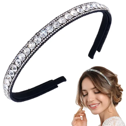 Vista 9 de HINZIC Paquete de 2 diademas de diamantes de imitación para mujer, color negro y plateado