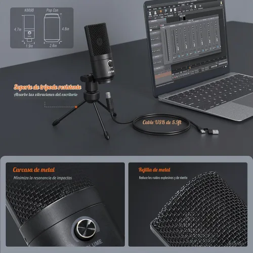 Vista 7 de FIFINE Micrófono USB, Micrófono de condensador de metal para grabar en MAC OS, Windows, Micrófono cardioide para laptop para grabar voces