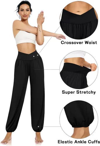 Vista 3 de UEU Pantalones deportivos de yoga con bolsillos para mujer, estilo harem cruzado, cintura alta, holgados, casuales, para descansar, para descansar