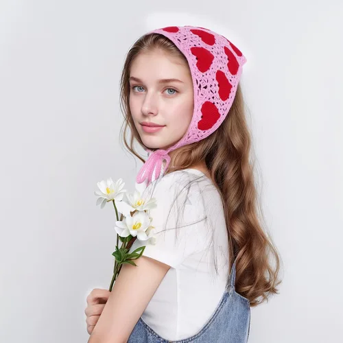 Vista 6 de hoyuwak Pañuelo para la cabeza de ganchillo, bandanas, diademas de corazón, bufanda, cubiertas para la cabeza, accesorios para el cabello rosa