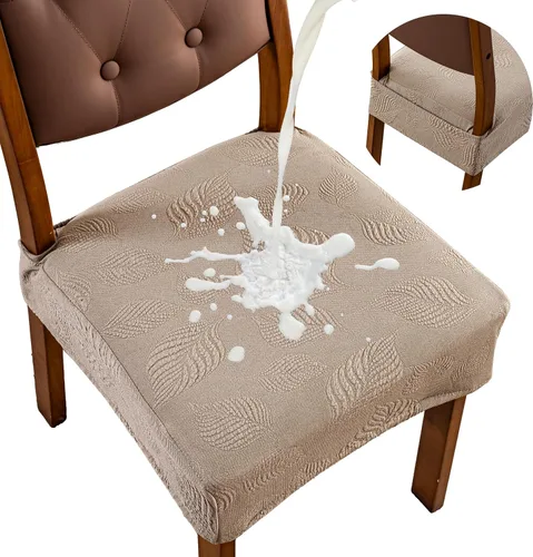 Vista 12 de Genina Juego de 2 fundas impermeables para sillas de comedor, fundas elásticas de jacquard extraíbles y lavables, sin fundas traseras, color beige