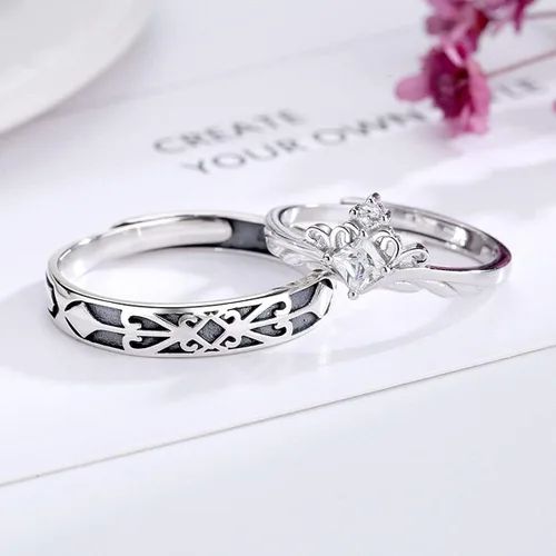 Vista 2 de Corona de princesa y caballero para parejas, anillo de promesa con piedra lunar para mujeres, hombres, ella, él, mejor amigo, juego de 2 anillos